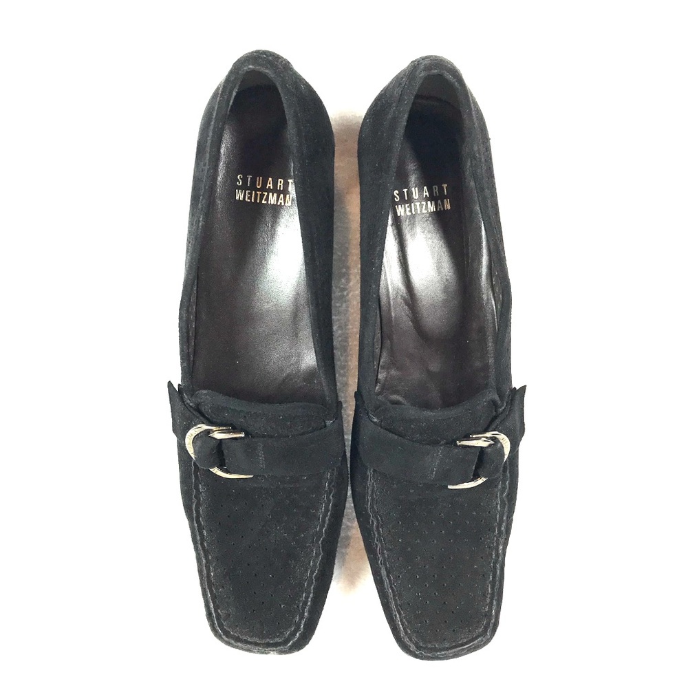 Stuart Weitzman suede loafers perforated square toe 8 narrow black block heels